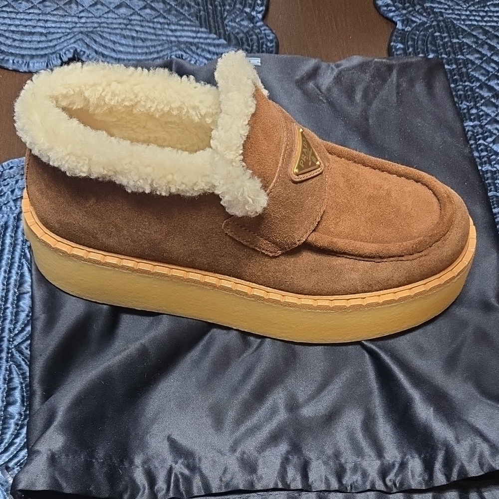 Prada Brown Suede Shearling-Lined Loafers - Picture 4 of 5
